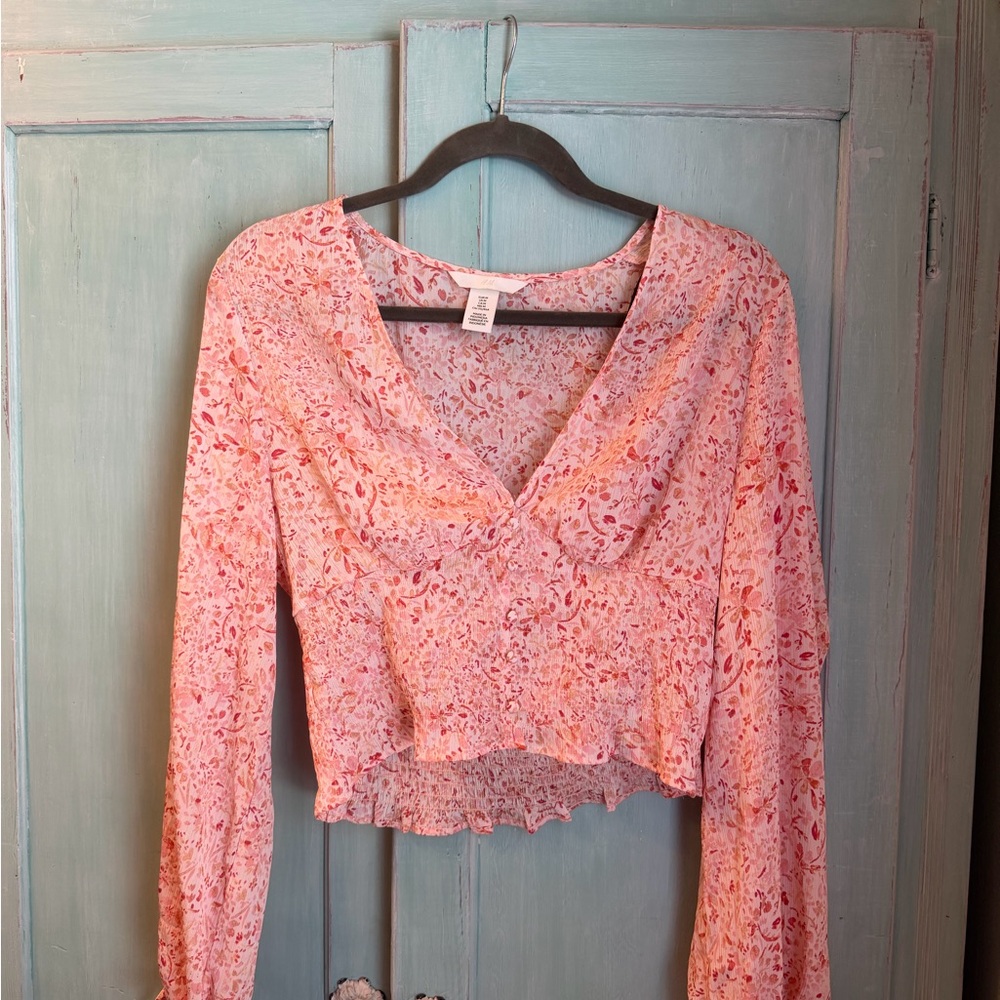 Pink Floral V-Neck Long Sleeve Top - H&M